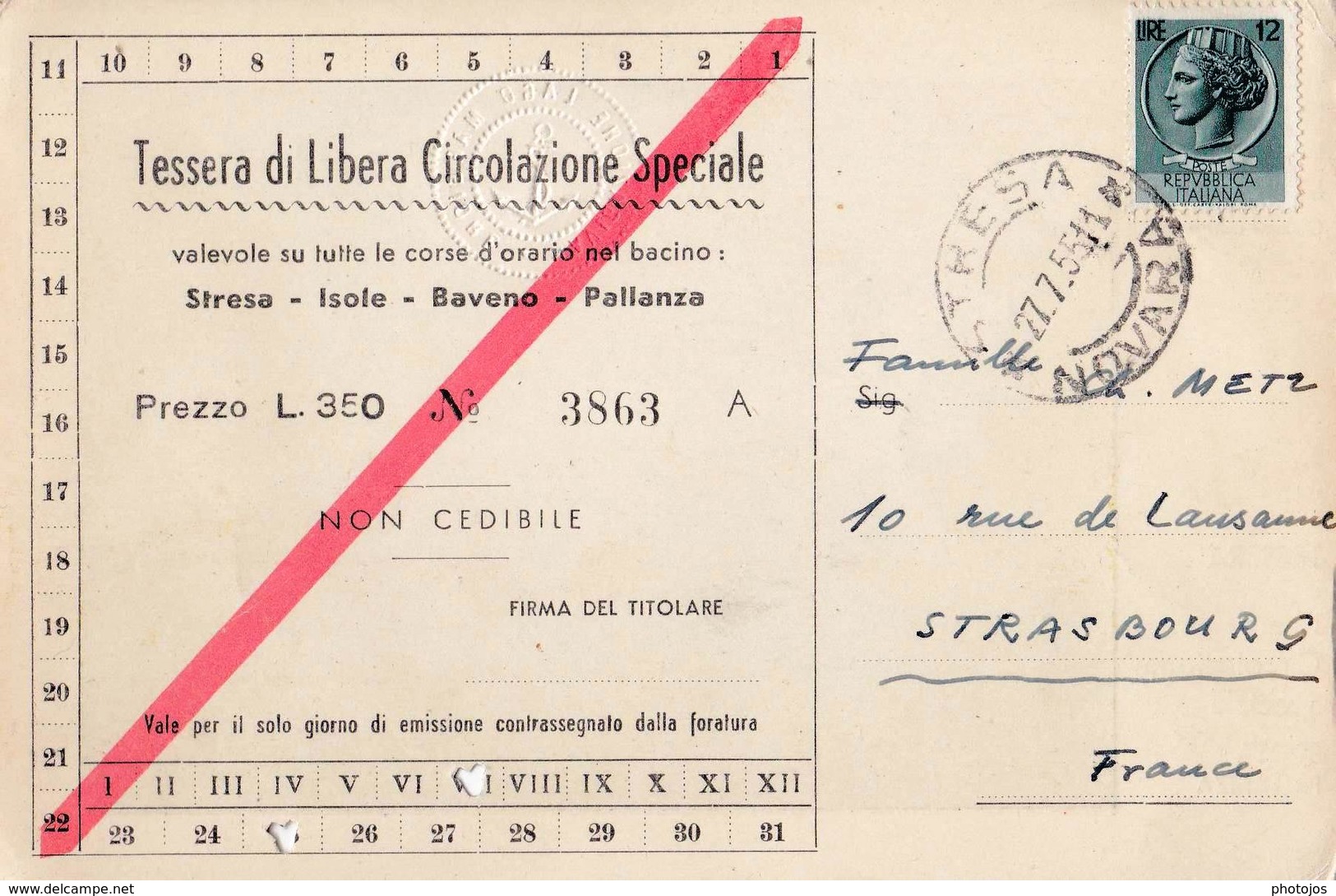 Lago Maggiore Stresa  Baveno Pallanza (Italia)  Tessera Catolina Di Circolazione 1955 - Europa