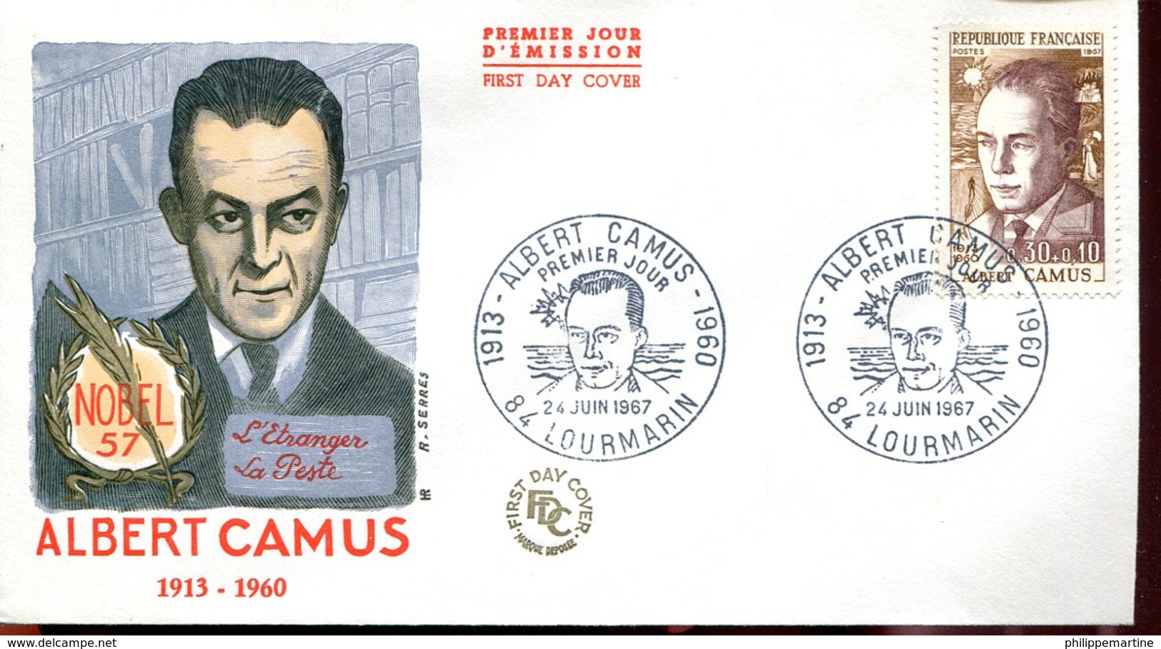 FDC Albert Camus - Lourmarin (84) - 24 Juin 1967 - Illustration R.Serres - 1960-1969