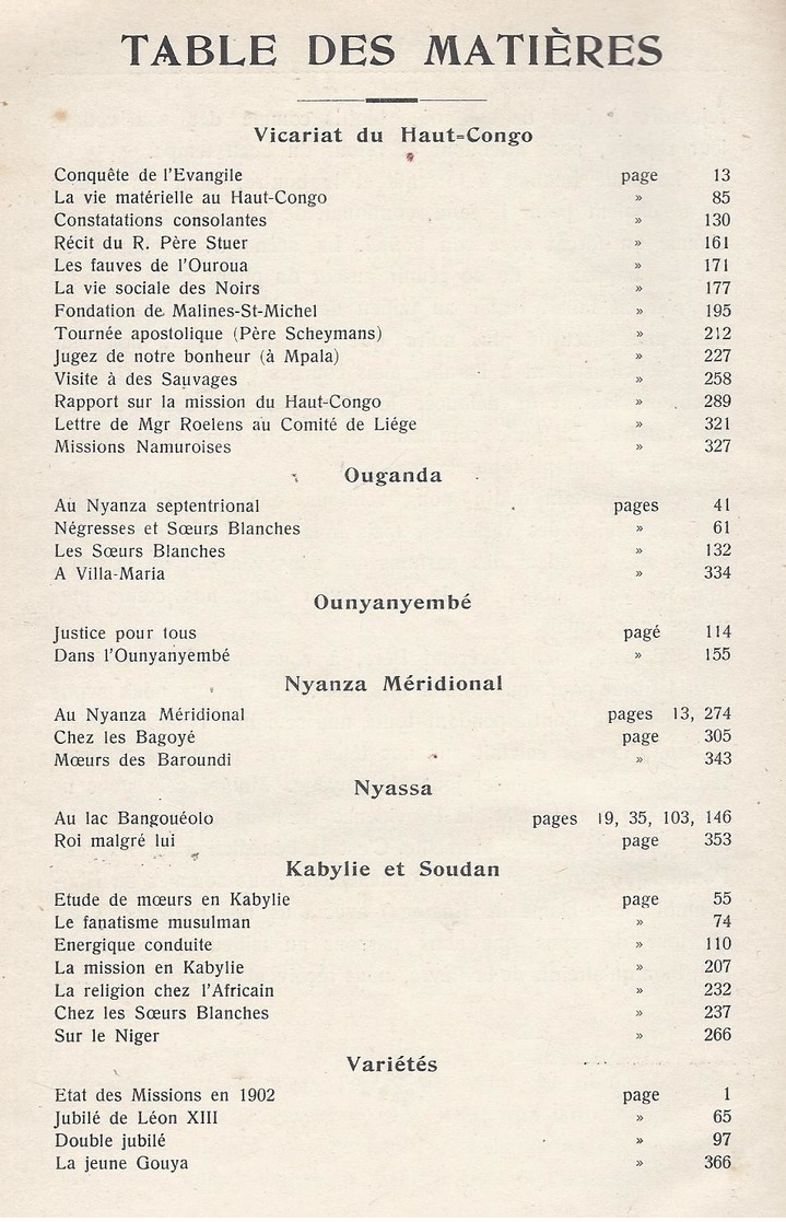 1903 MISSIONS DES PERES BLANCS D' AFRIQUE CONGO OUGANDA OUNYANYEMBE NYASSA KABYLIE SOUDAN NYANZA MERIDITIONAL ... - 1901-1940