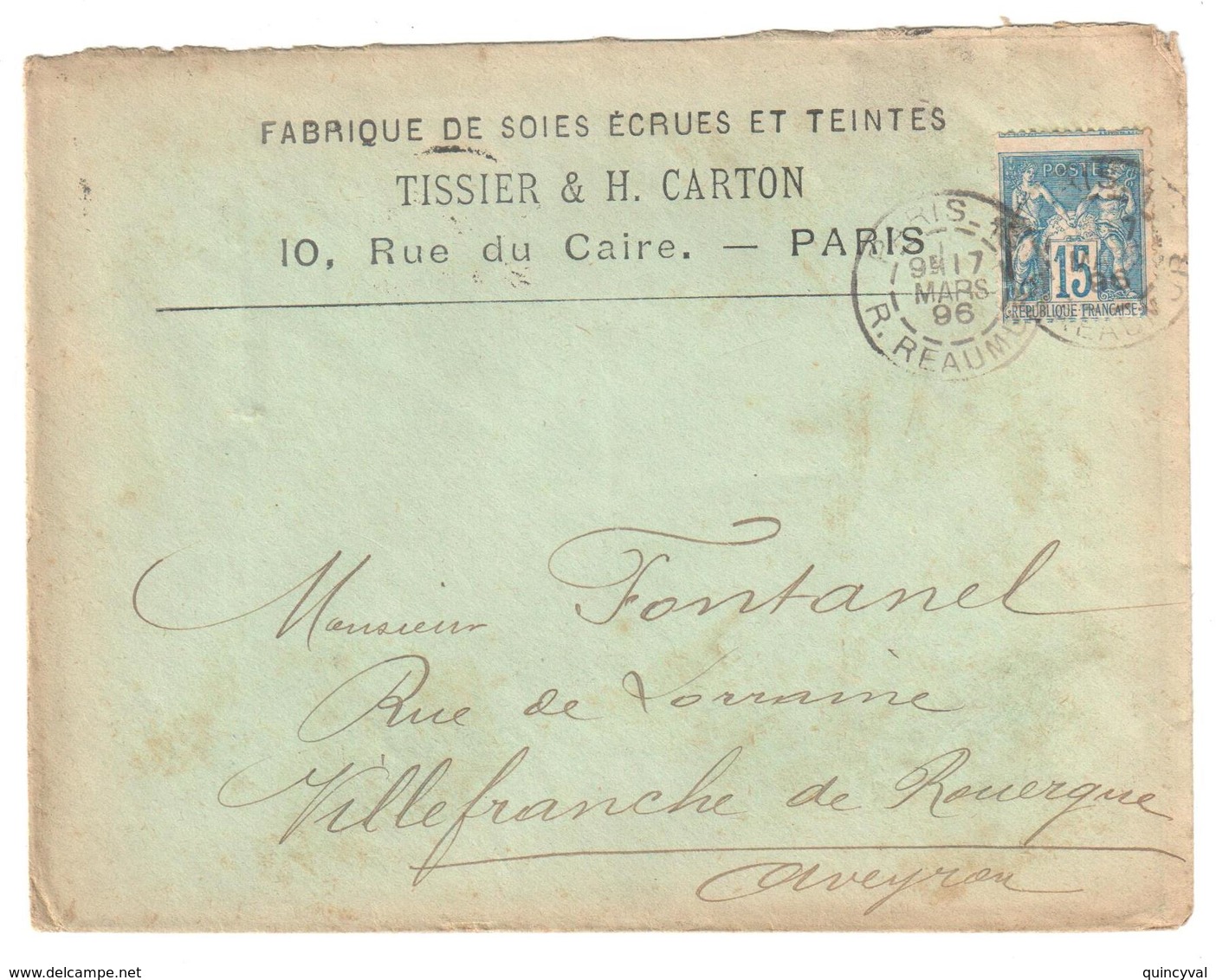 PARIS Réaumur Lettre Entête TISSIER CARTON Fabrique Soies Écrues Teintes 15 C Sage Yv 101 PIQUAGE DÉCALE Vertical - 1876-1898 Sage (Type II)