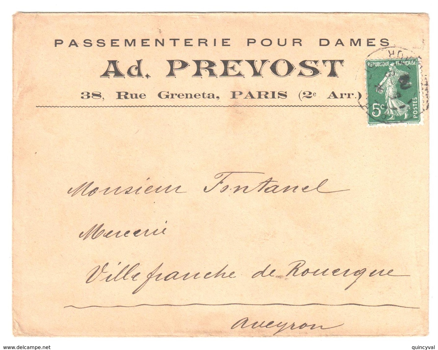 PARIS Lettre Entête PASSEMENTERIE Pour Dames PREVOST R Grenata 5c Vert Semeuse Yv 137 - Covers & Documents