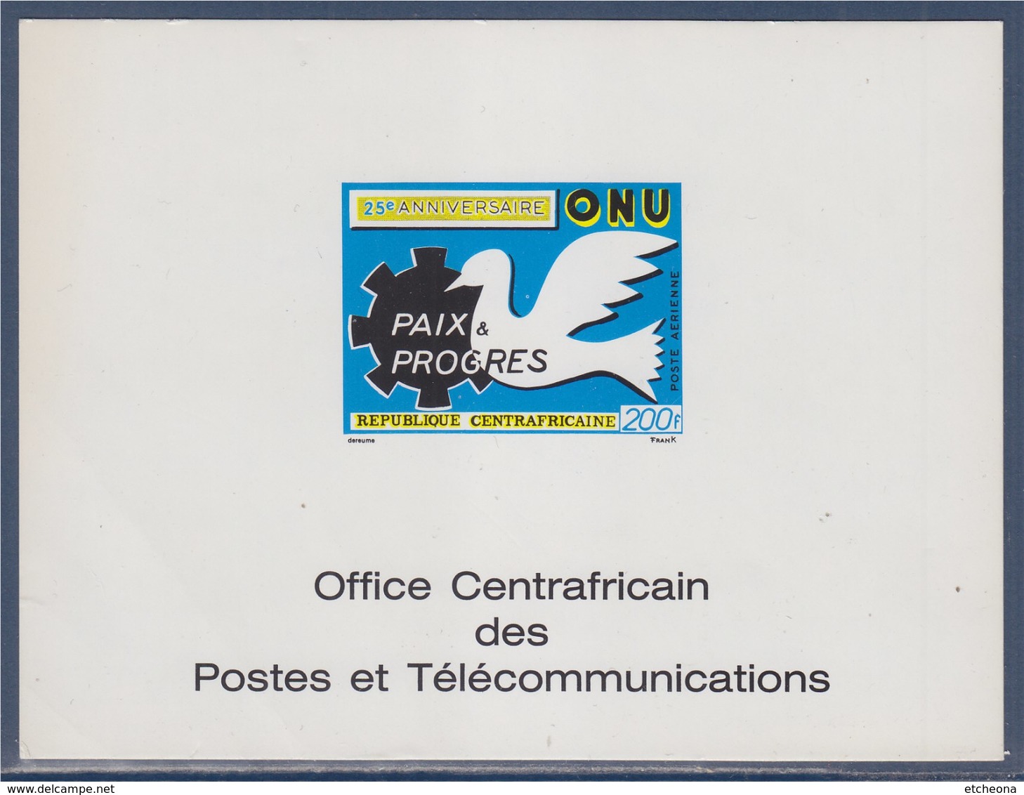 = Bristol Cartonné Office Centrafricain Des Postes Et Télécommunications Visuel 25è Anniversaire De L'ONU Paix Progrès - Centrafricaine (République)