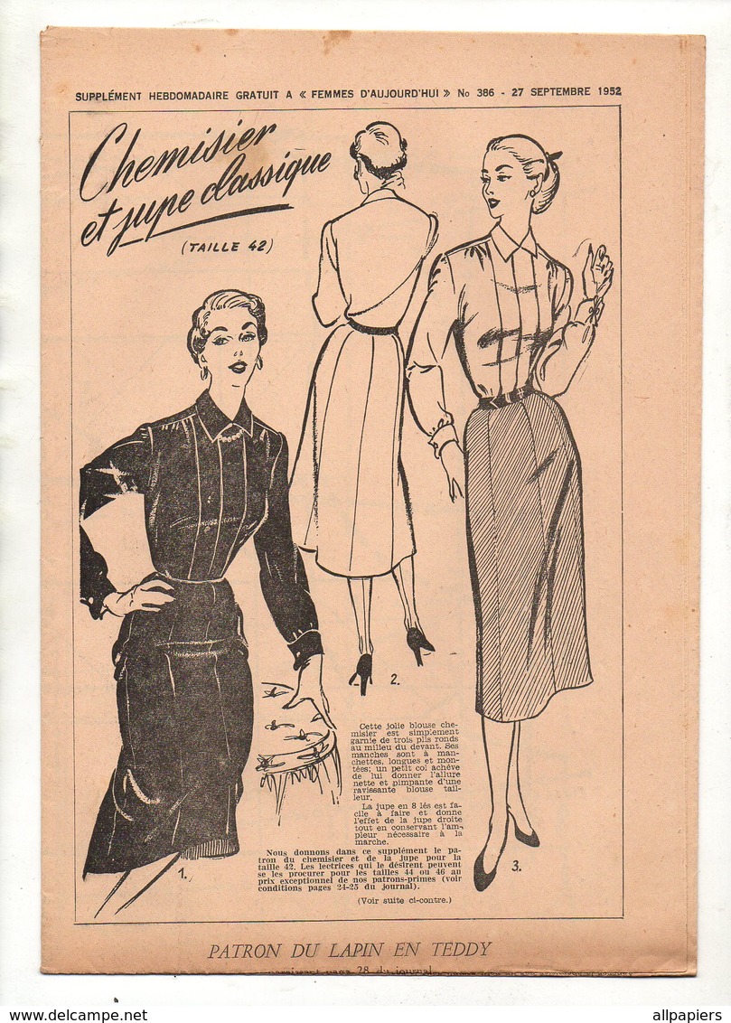 Patron De Femmes D'aujourd'hui N°386 Chemisier Et Jupe Classique Taille 42 De 1952 - Patrons