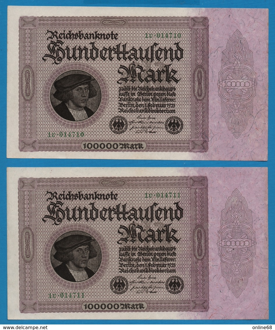 DEUTSCHES REICH 	2x 100.000 Mark  	01.02.1923	# 1U.014710+11  P# 83a   No Consécutifs - 100000 Mark