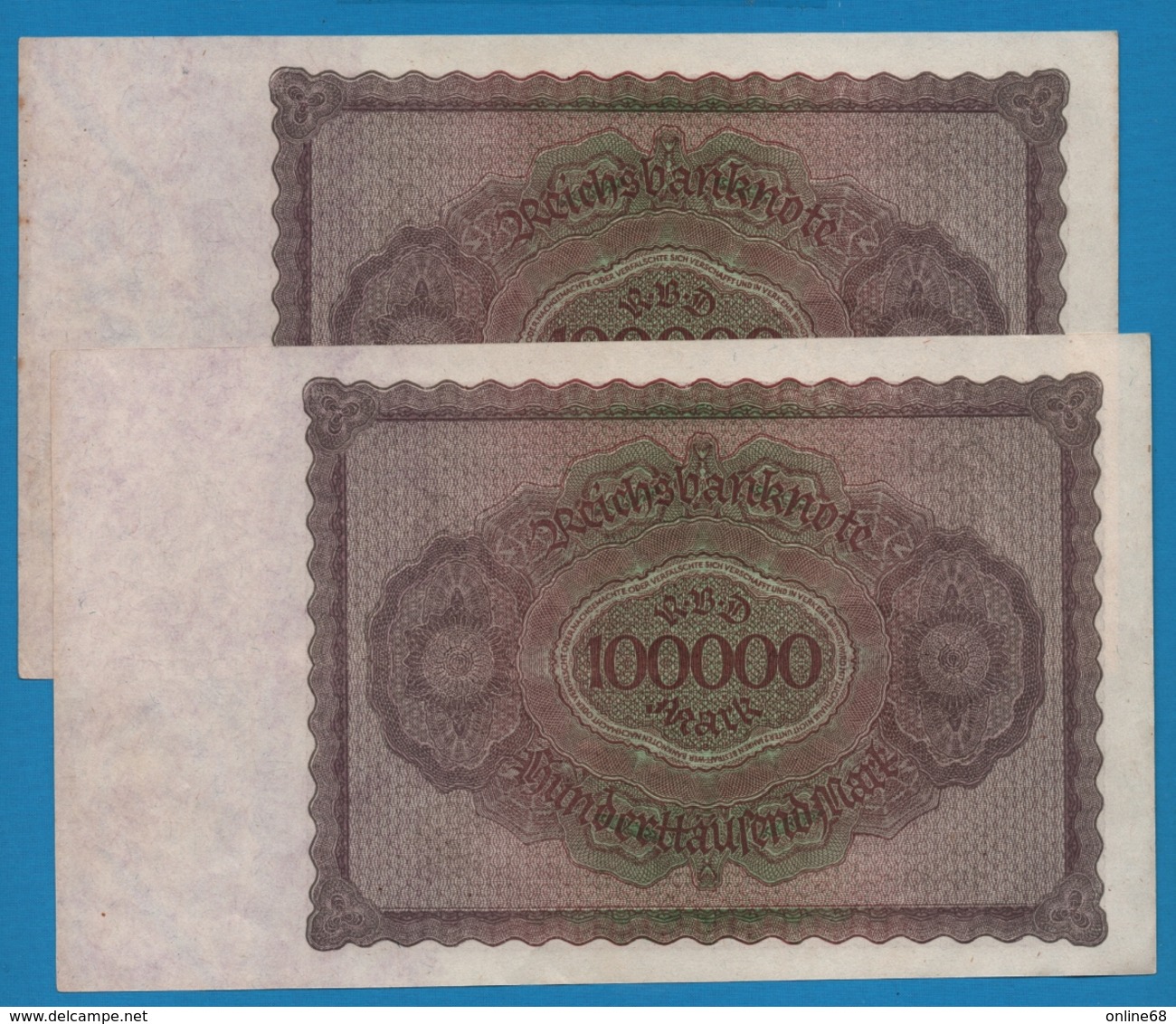 DEUTSCHES REICH 	2x 100.000 Mark  	01.02.1923	# 1U.014710+11  P# 83a   No Consécutifs - 100000 Mark