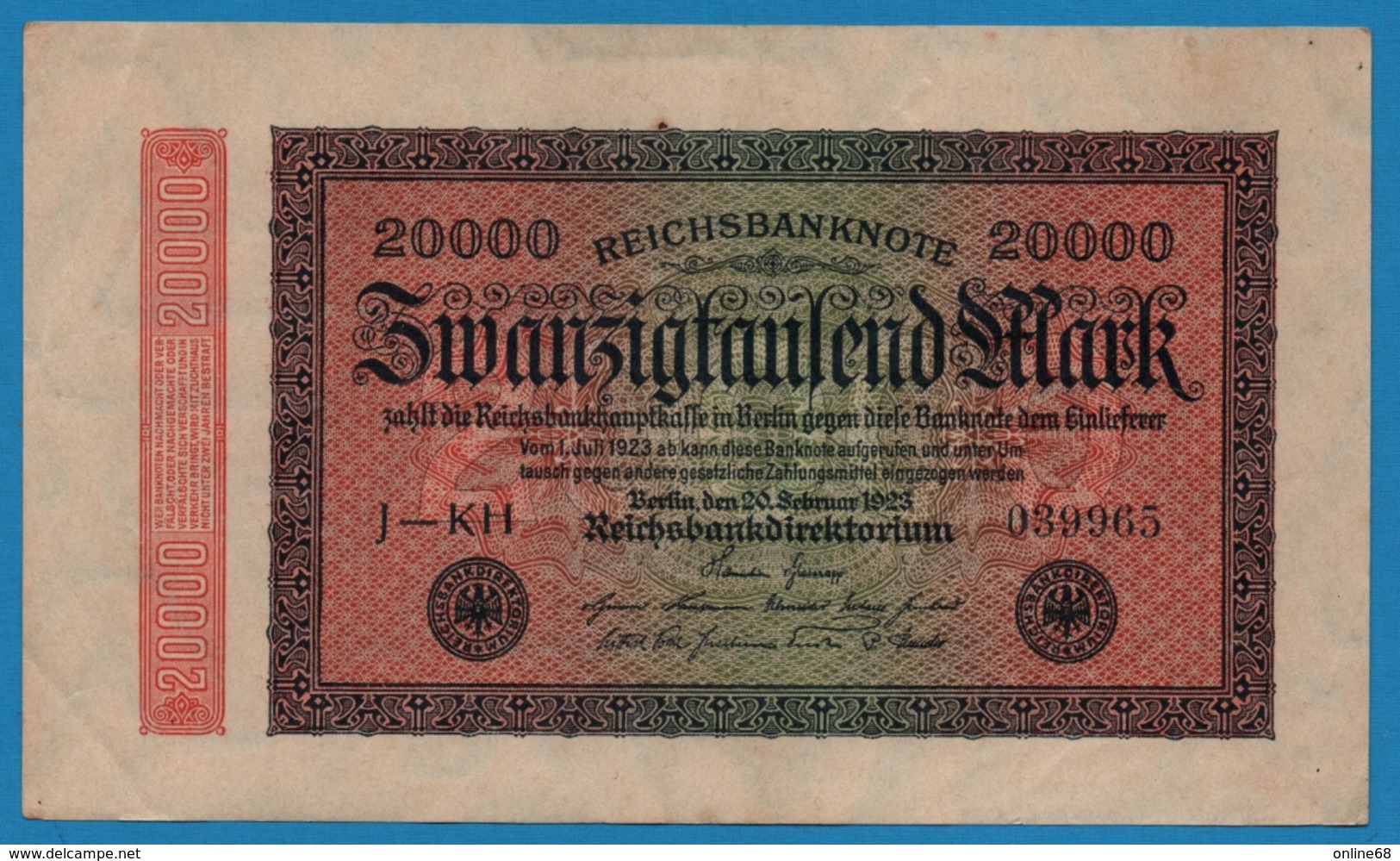 DEUTSCHES REICH 		20000 Mark	20.02.1923	# J-KH 039965  P# 85b - 20000 Mark