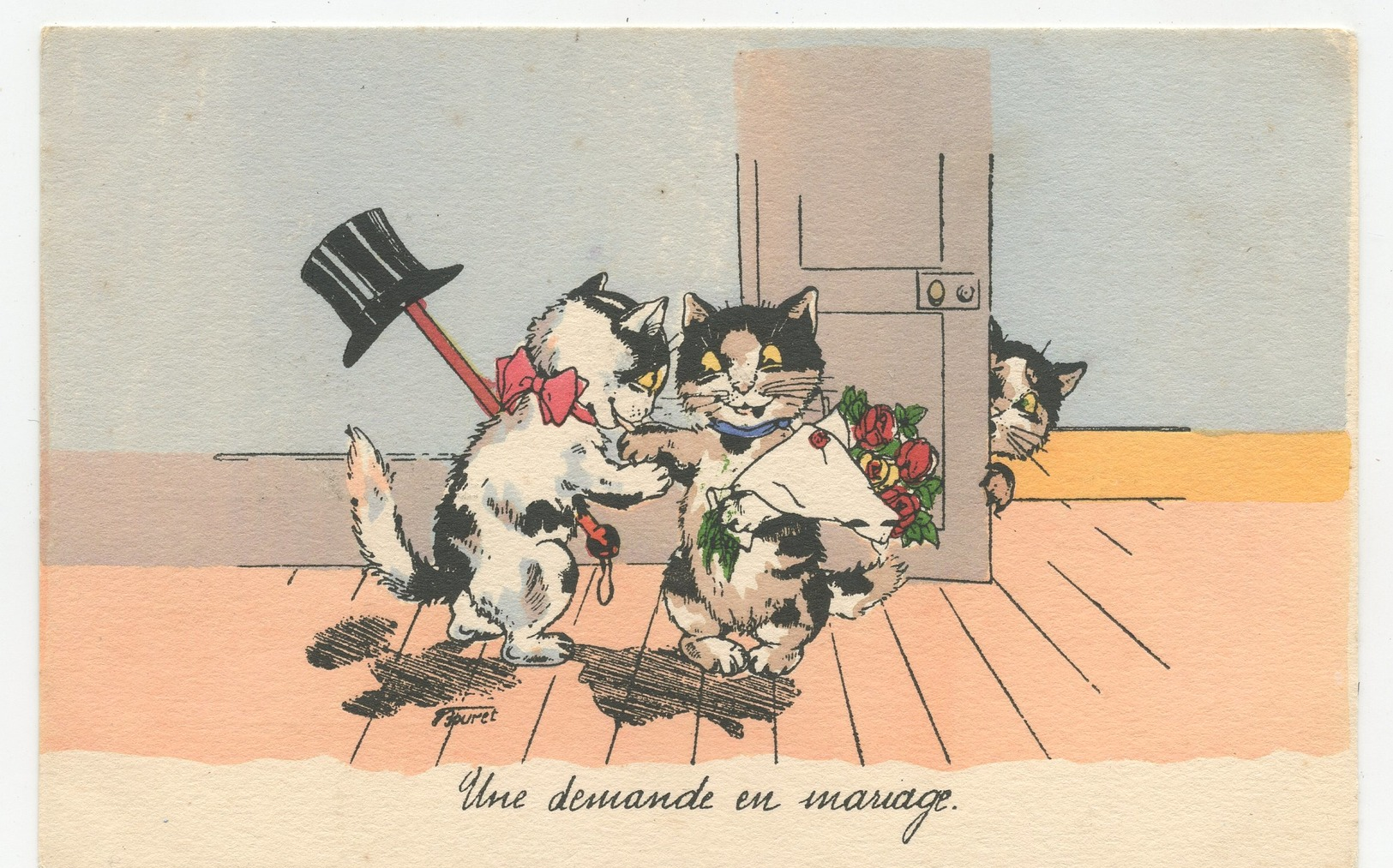 CPA.illustrateur Bouret.chats Humanisés.animaux Habillés.chat. " Une Demande En Mariage. " Fond Bleu.              .E.83 - Bouret, Germaine