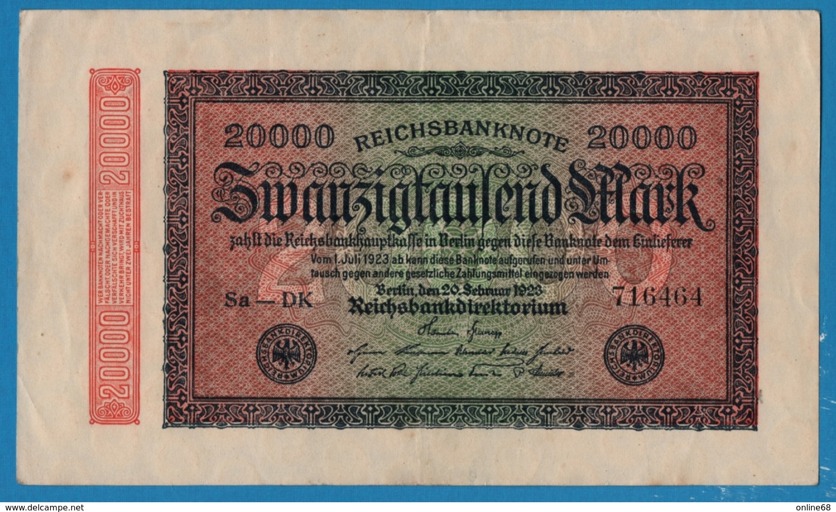 DEUTSCHES REICH 		20000 Mark	20.02.1923	# Sa-DK 716464   P# 85a - 20000 Mark