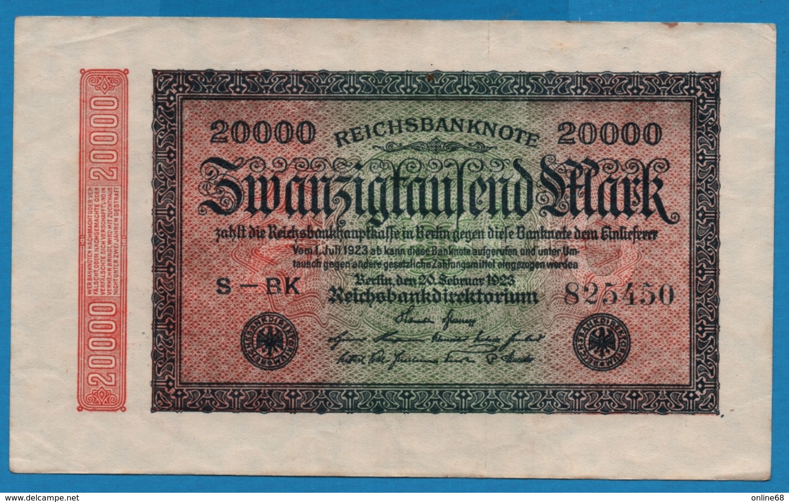 DEUTSCHES REICH 		20000 Mark	20.02.1923	# S-BK 825450  P# 85a - 20000 Mark