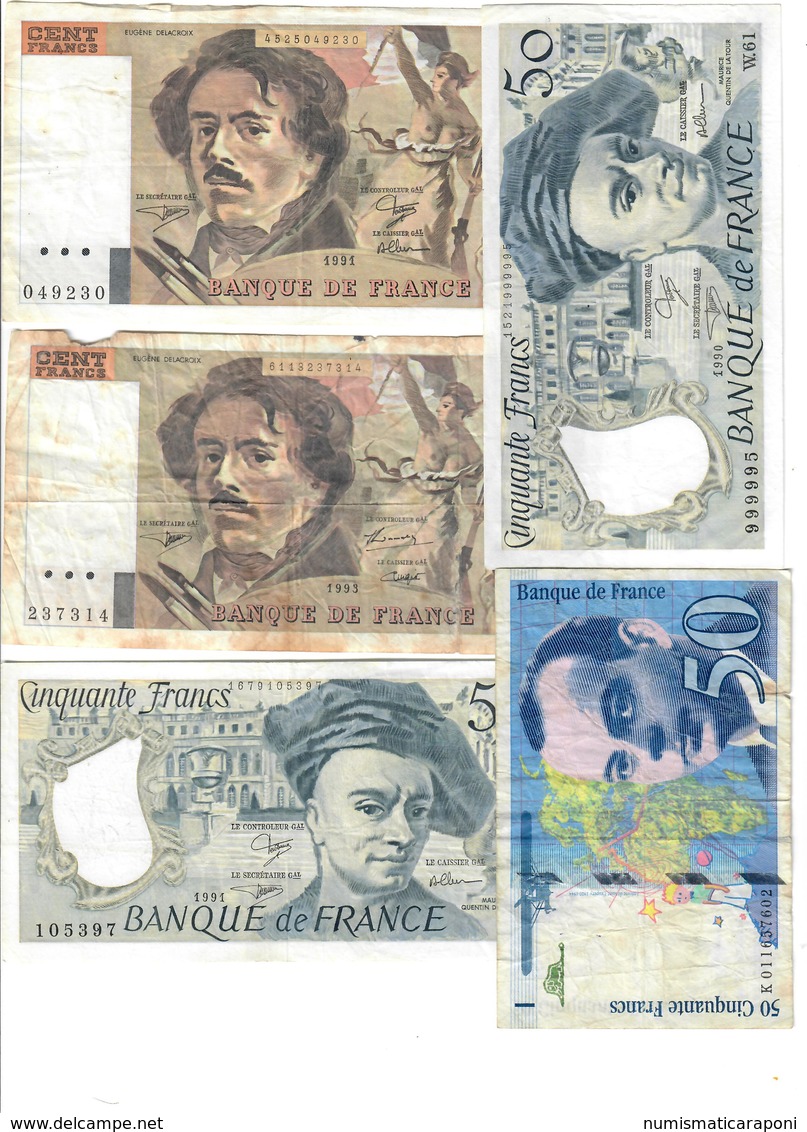 FRANCIA Lotto 5 Banconote 50 FRANCS 1990+1991+1993 + 100 Francs 1991 1993 LOTTO 2976 - 10 F 1963-1973 ''Voltaire''