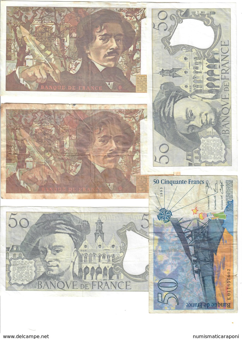 FRANCIA Lotto 5 Banconote 50 FRANCS 1990+1991+1993 + 100 Francs 1991 1993 LOTTO 2976 - 10 F 1963-1973 ''Voltaire''