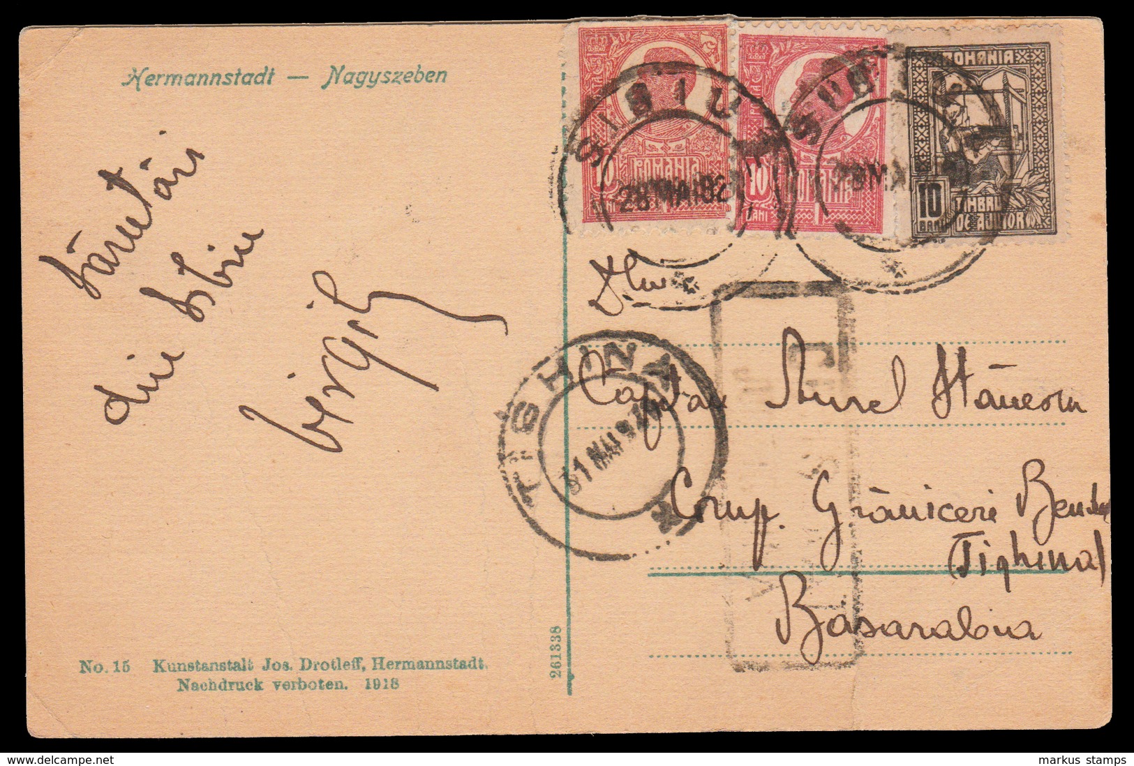 1921 Romania, Illustrated Postcard From Sibiu To Transnistria TIGHINA Military Censorship, Bessarabia - Cartas De La Primera Guerra Mundial