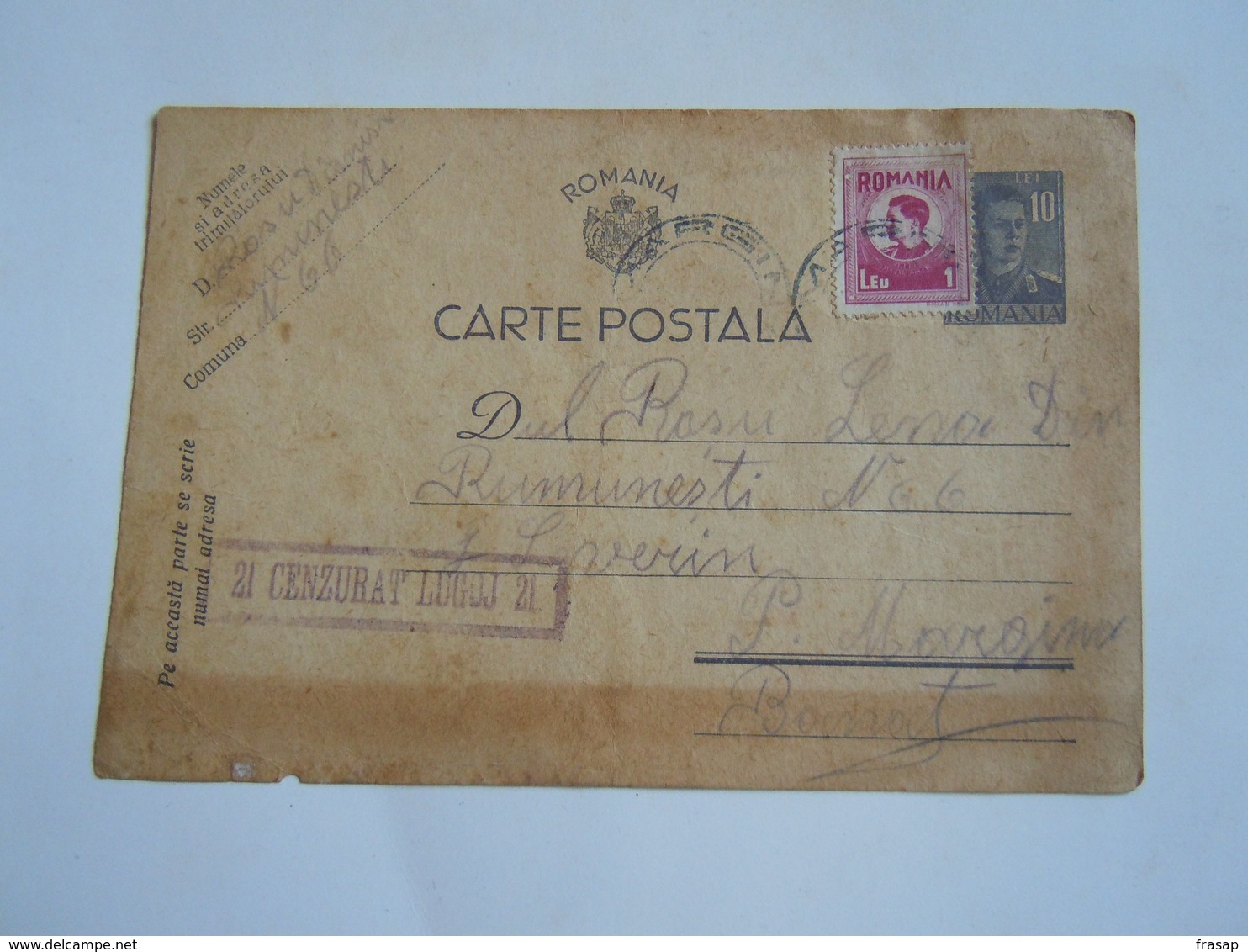ROMANIA WWII  CARTA POSTALA 4 LEI + 1 LEU 1941 CENZURAT - Vrijstelling Van Portkosten