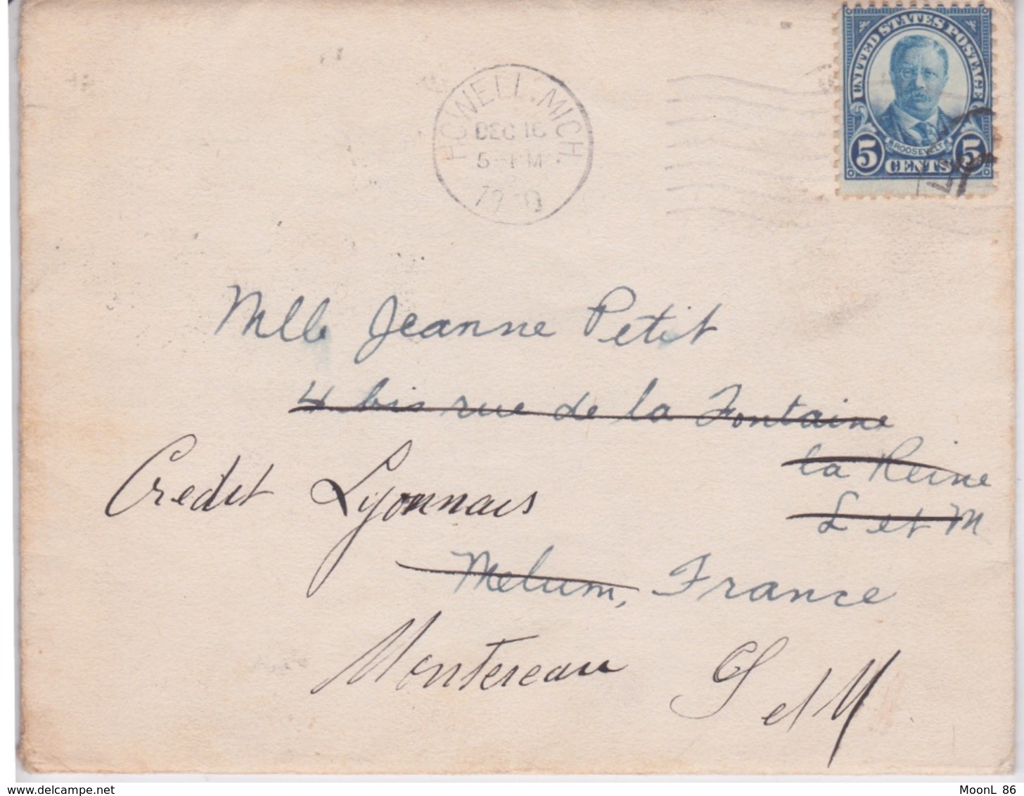 1930 - USA - ETATS-UNIS - COURRIER + LETTRE ADRESSEE A MELUN PUIS A MONTEREAU + TIMBRE DE ROOSEVELT  5 CENTS - Altri & Non Classificati