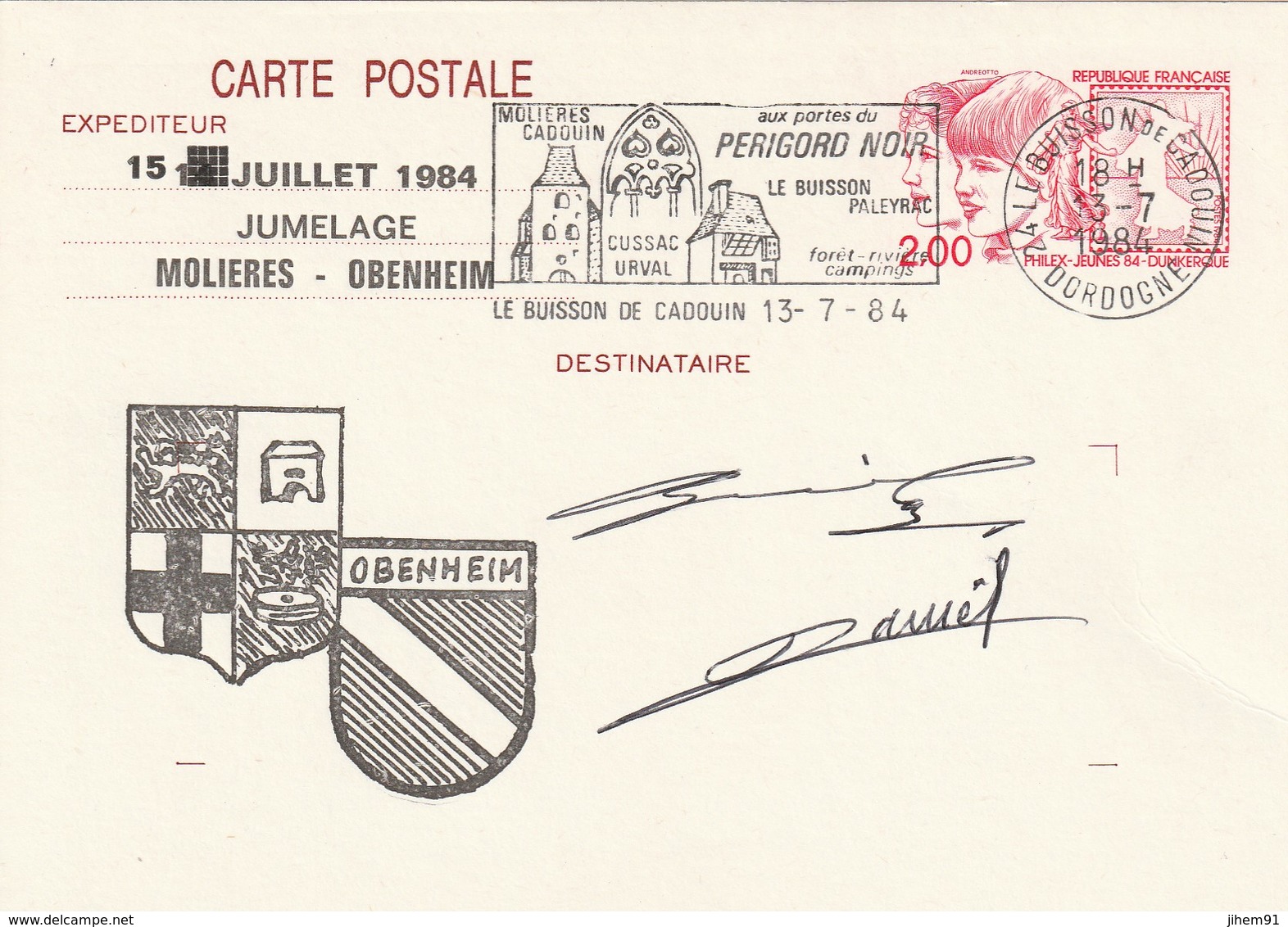 CP Repiquée De "Le Buisson De Cadouin - 24, Dordogne" Du 13-07-1984, "Jumelage Molères-Obenheim" Sur YT 2308-CP1 - Cartoline Postali Ristampe (ante 1955)