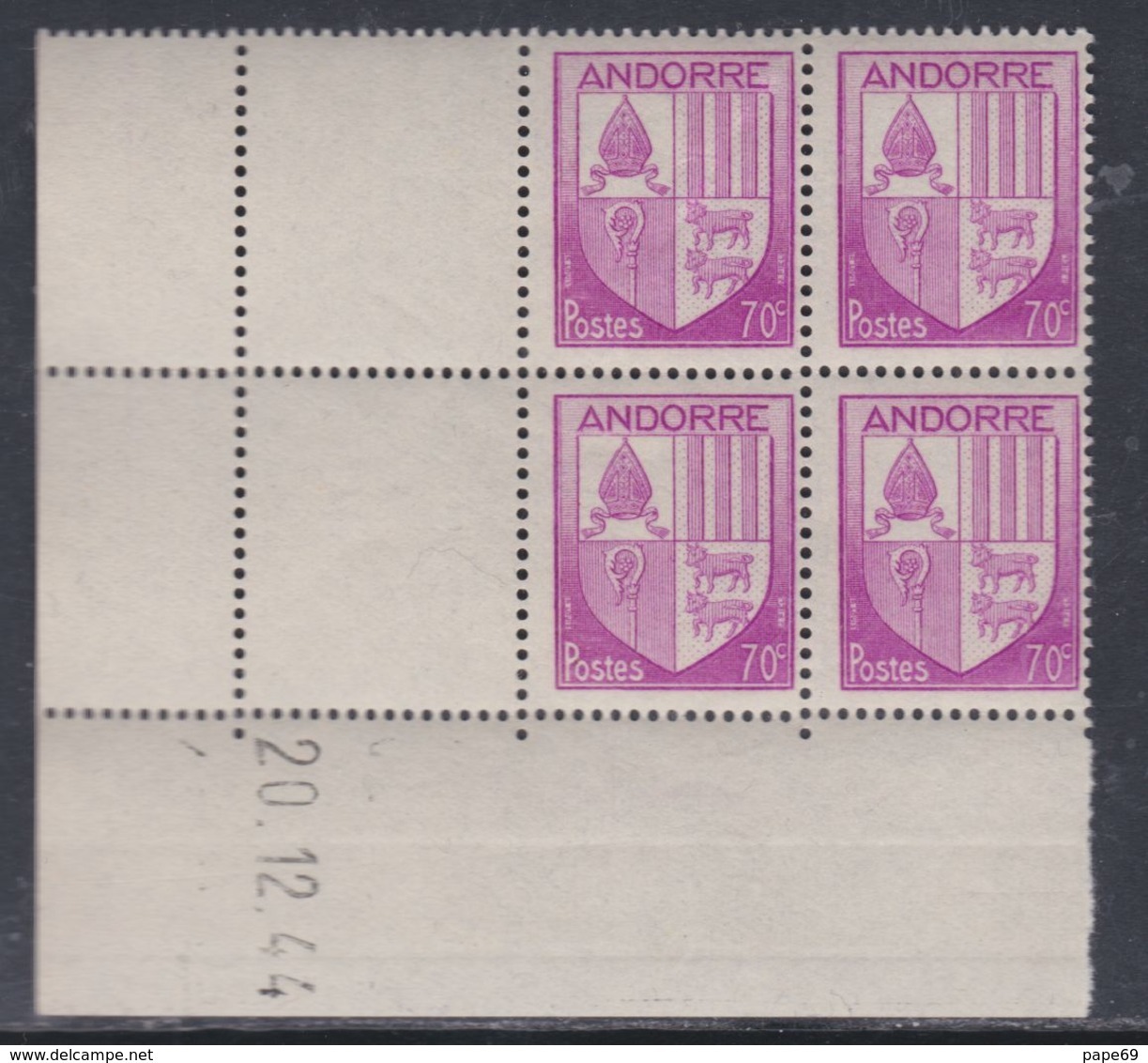 Andorre N° 60 XX Armoiries Des Vallées : 70 C. Violet  En Bloc De 4 Coin Daté Du 20 . 12 . 44, Sans Charnière, TB - Nuevos