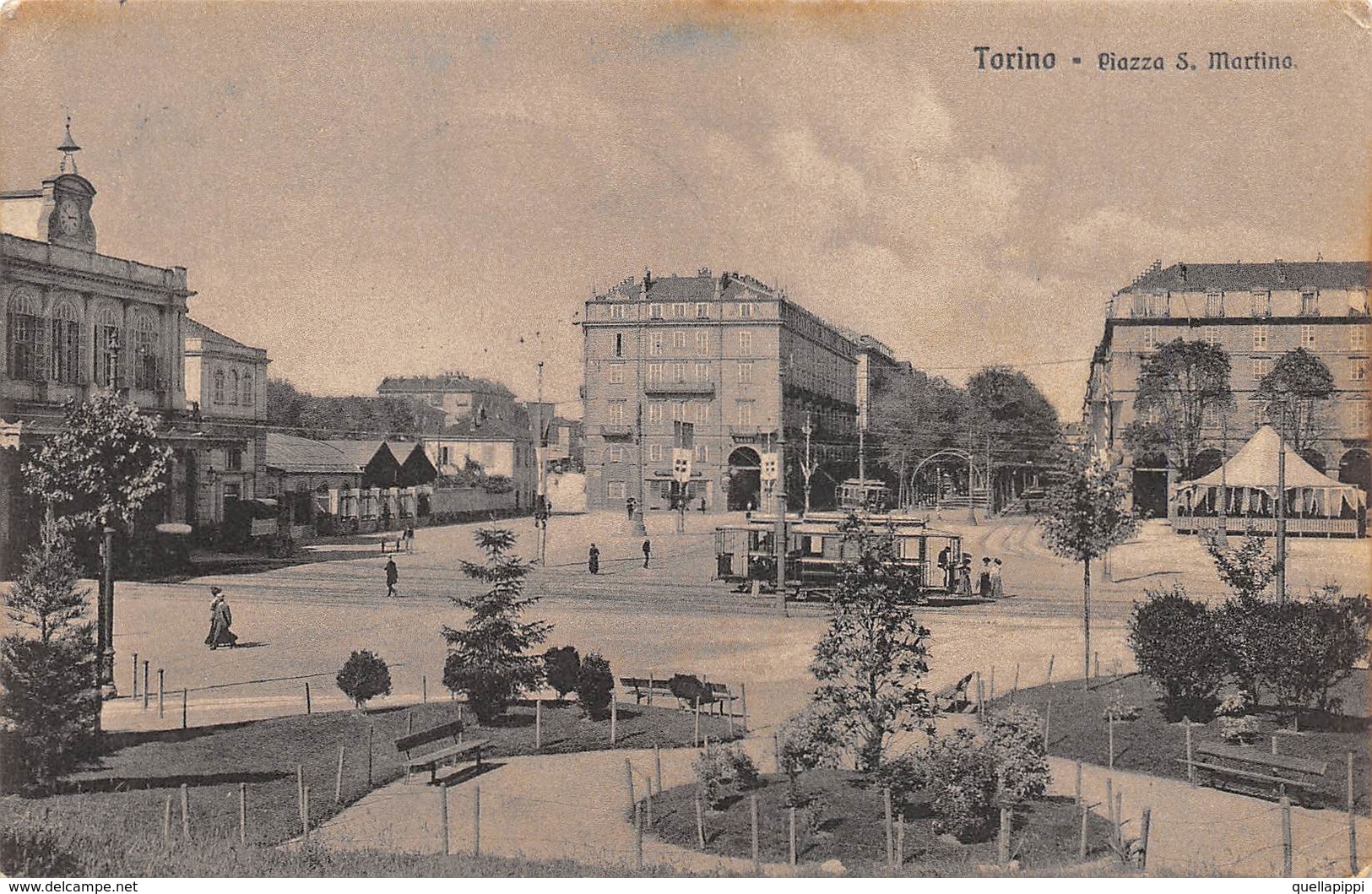 010237 "TORINO - PIAZZA S. MARTINO" ANIMATA, TRAMWAY.  CART SPED 1917 - Places & Squares