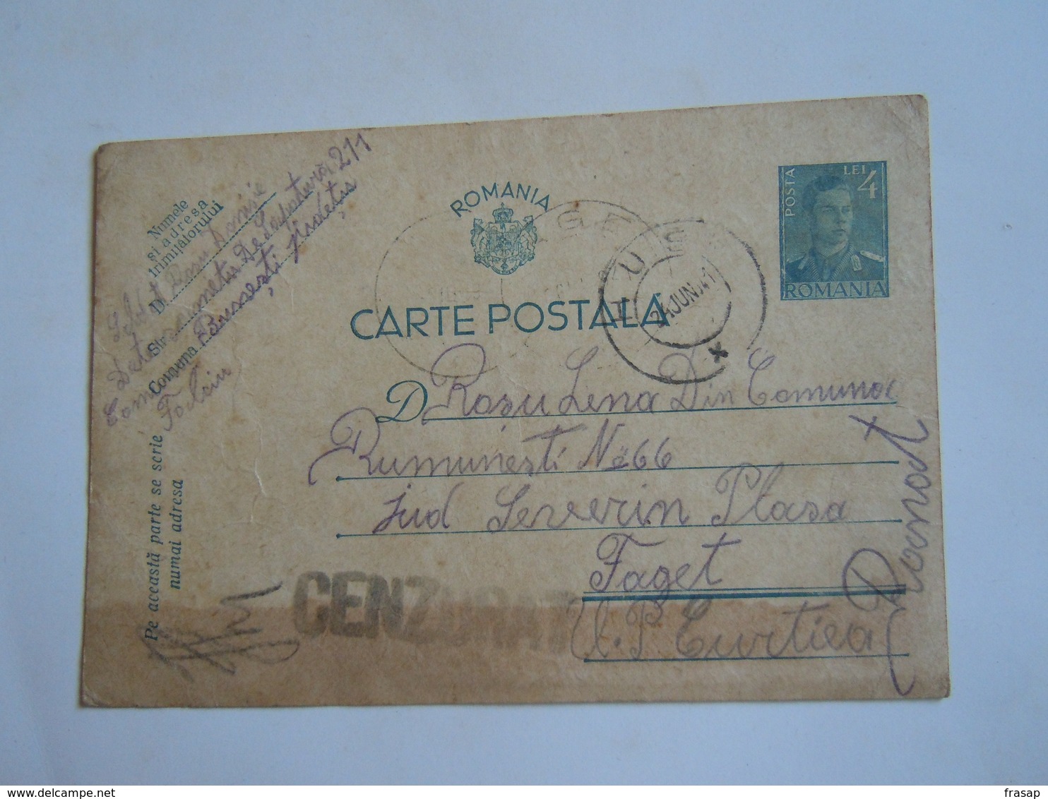 ROMANIA WWII  CARTA POSTALA 4 LEI 1941 SOLDAT -- CENZURAT 3 - Vrijstelling Van Portkosten