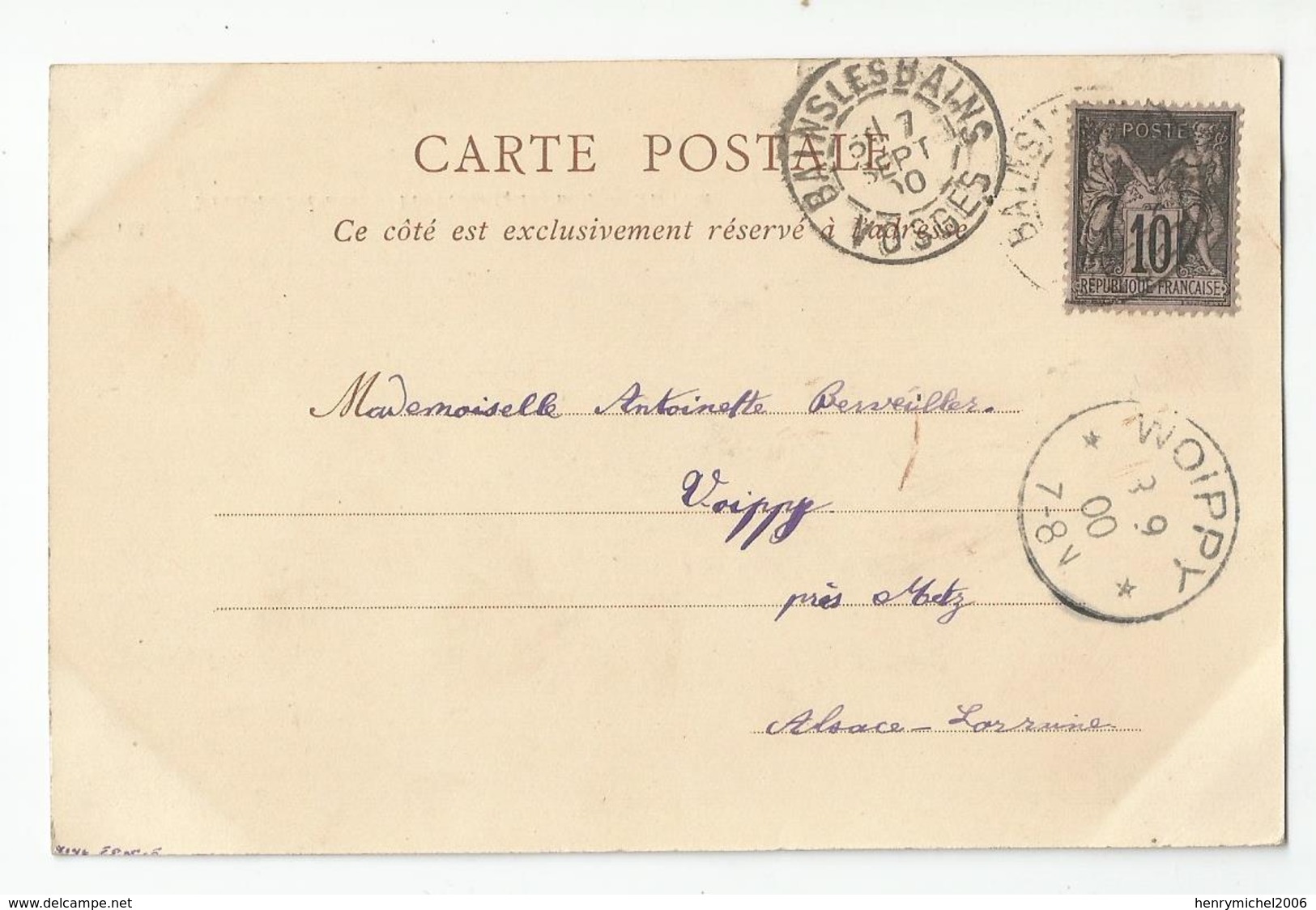 Marcophilie Cachet 1900 Bains Les Bains 88 Vosges Pour Voippy Près Metz Alsace Lorraine ( 57 Moselle ) - 1877-1920: Semi-Moderne