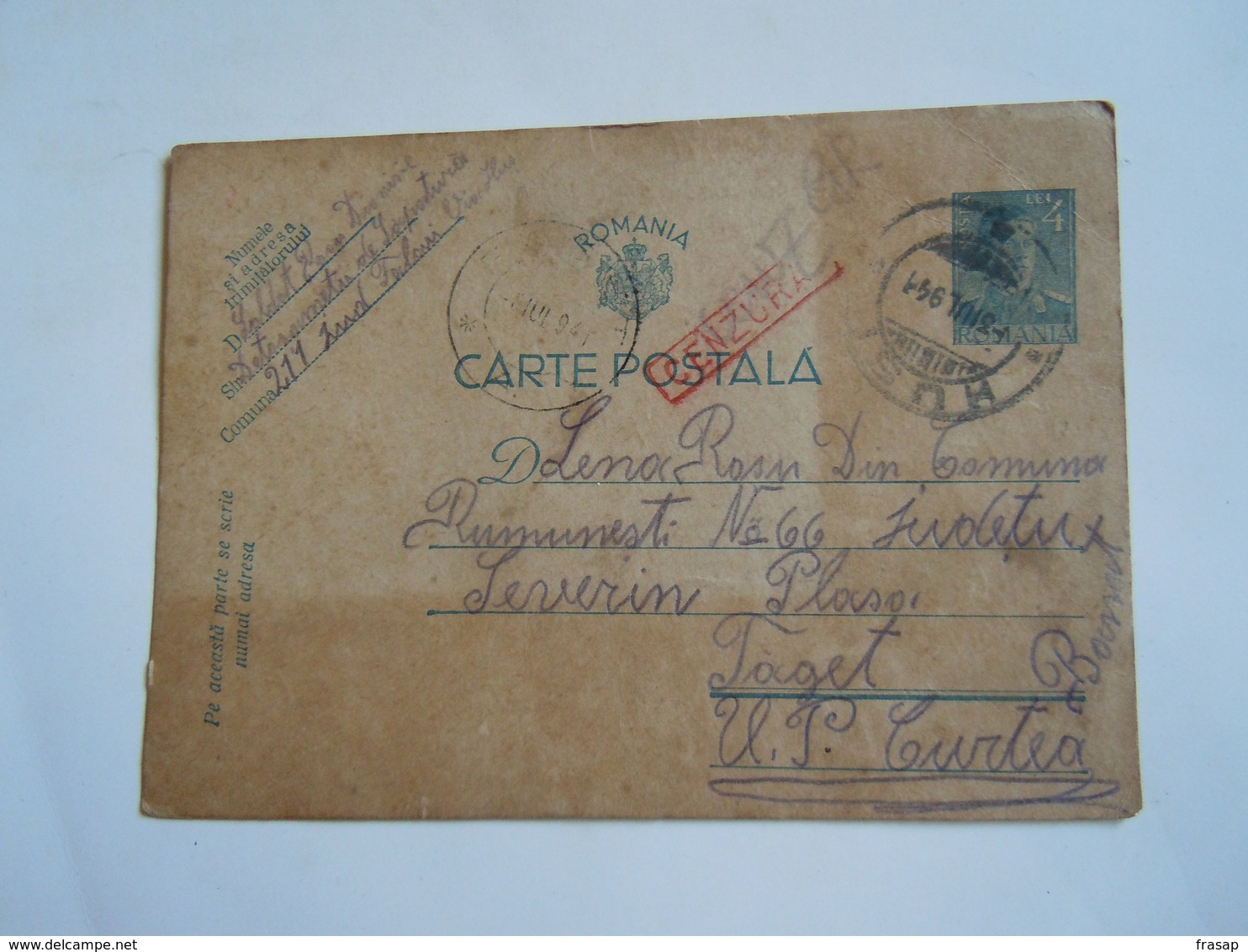 ROMANIA WWII  CARTA POSTALA 4 LEI 1941 SOLDAT -- CENZURAT 3 - Portofreiheit