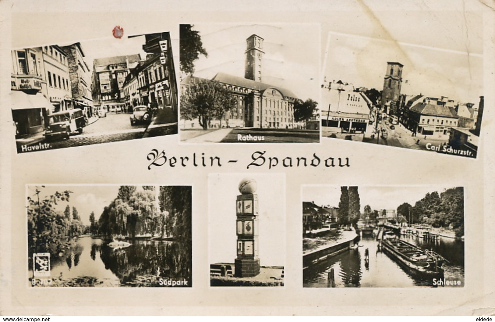 Real Photo Multi View Berlin Spandau Peniche Canal Apotheke Adler Pharmacy Tram Wolkswagen Sent In 1955 - Spandau