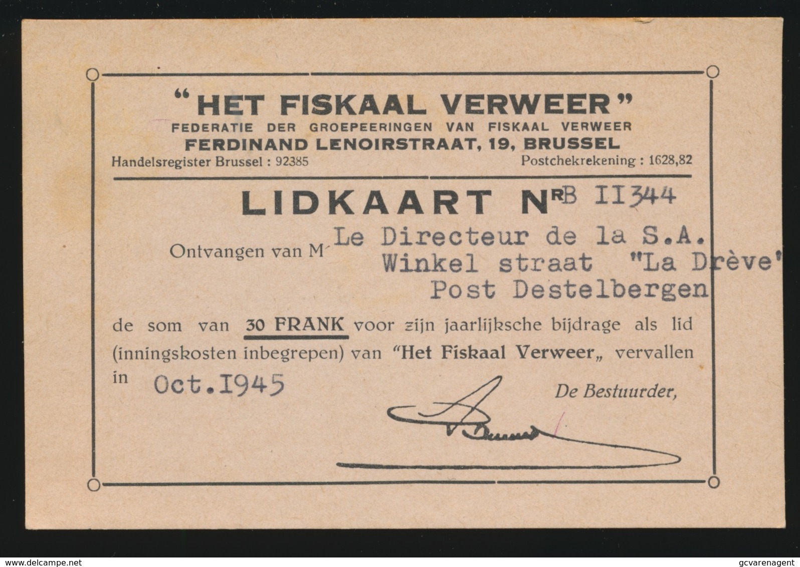 DESTELBERGEN LIDKAART ,, HET FISKAAL VERWEER ,,  1945 - Destelbergen