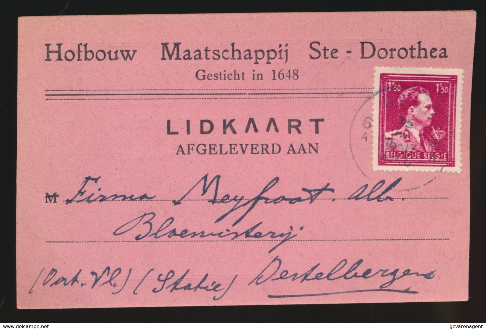 DESTELBERGEN LIDKAART  HOFBOUW MAATSCHAPPIJ STE DOROTHEA  1946 - Destelbergen