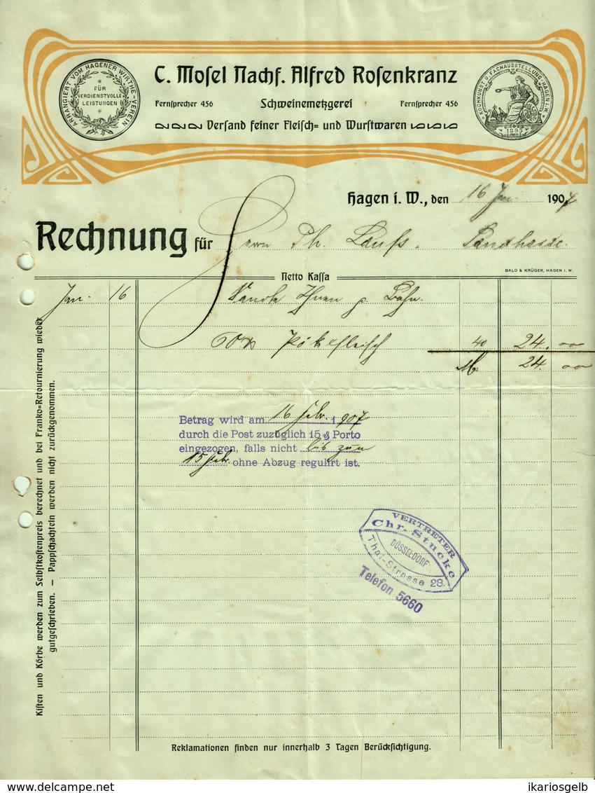 HAGEN I W Farbige Rechnung 1907 Deko Jugendstil " C.Mosel/Rosenkranz Fleischwarenfabrik " - Levensmiddelen
