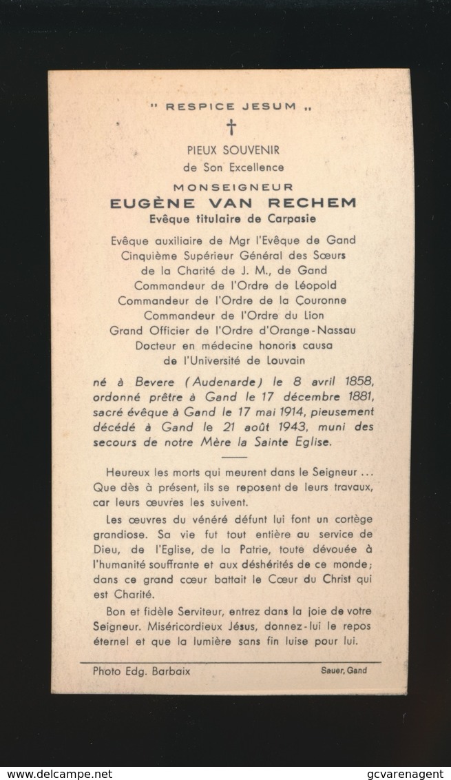 MONSEIGNEUR EUGENE VAN RECHEM - BEVERE 1858  - GENT 1943   2 SCANS - Engagement