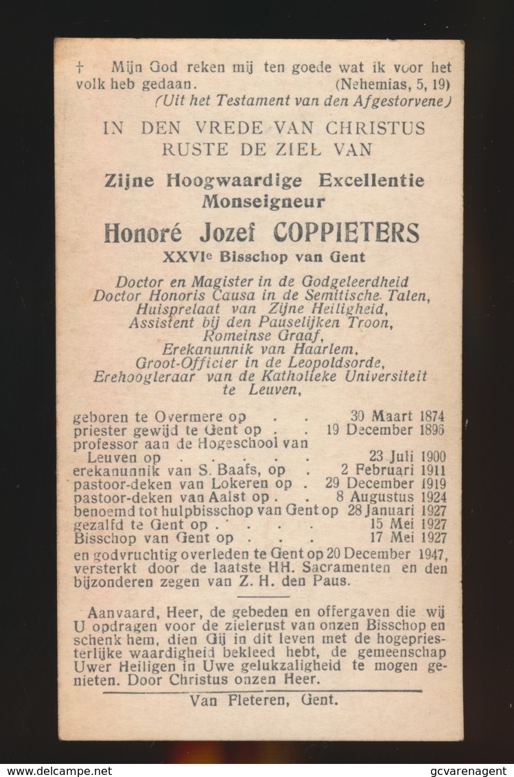 MONSEIGNEUR HONORE COPPIETERS 26 Ste BISSCHOP GENT - OVERMERE 1874 - GENT 1947  2 SCANS - Compromiso