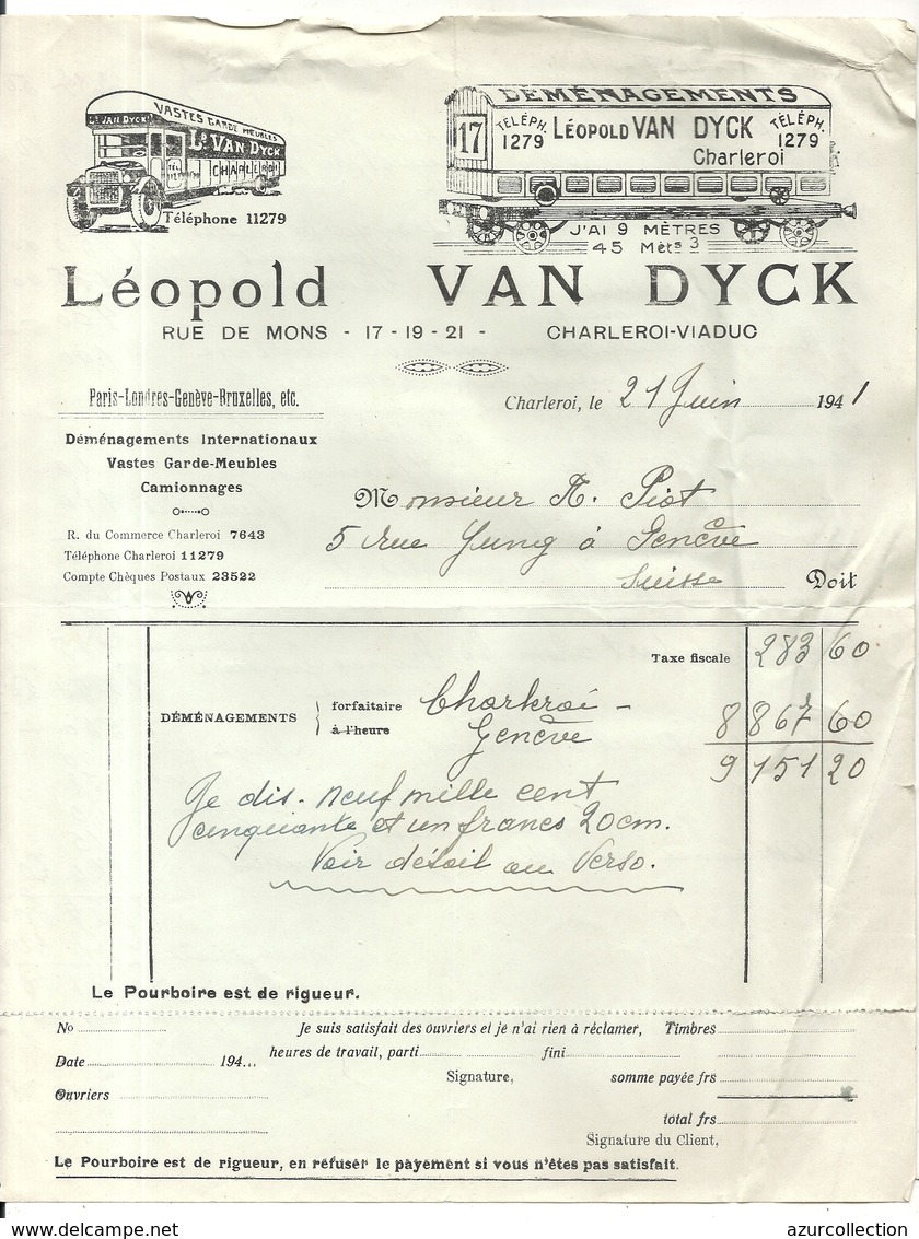 DEMENAGEMENTS VAN DYCK . CHARLEROI .1941 .CAUSE GUERRE . CONSUL DE FRANCE EVACUE EN SUISSE - Verkehr & Transport