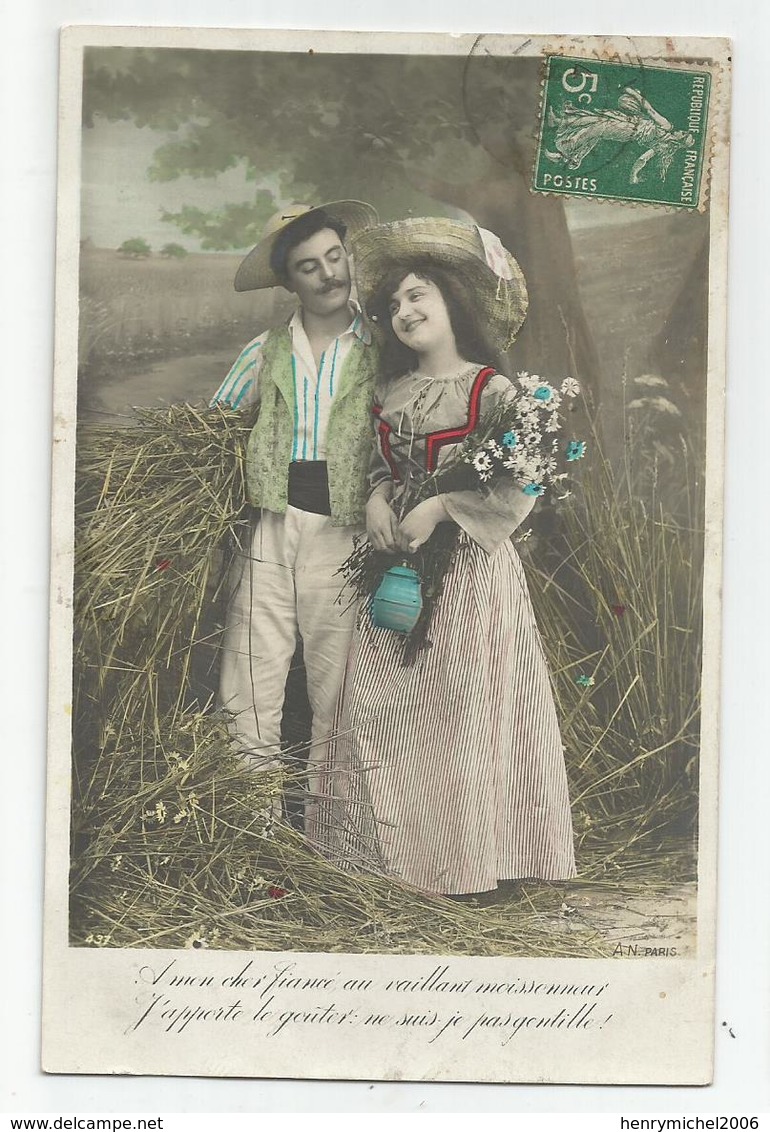 Cpa Fantaisie Moissonneur Blé Couple Paysan - Granja