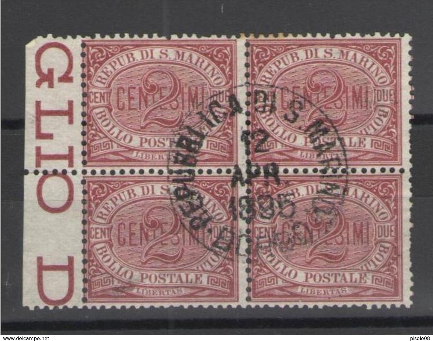 SAN MARINO 1894-99 STEMMA  2 CENTESIMI QUARTINA ANNULLO 12 APRILE 1895 - Used Stamps
