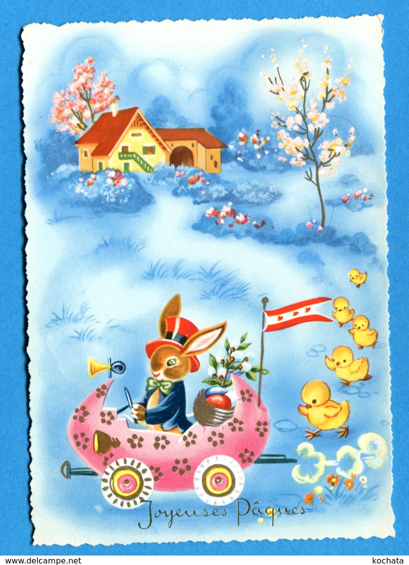 NY701, Lapin, Hase, Rabbit, Voiture Rose, Car, Poussin, GF, Circulée 1962 - Ostern