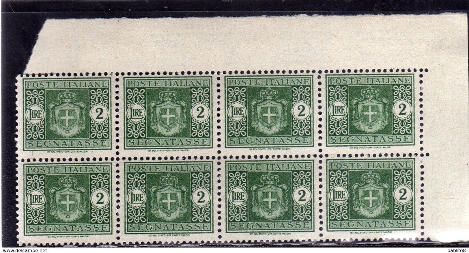 ITALIA REGNO ITALY KINGDOM 1945 LUOGOTENENZA SEGNATASSE POSTAGE DUE FILIGRANA RUOTA WHEEL LIRE 2 BLOCCO DI 8 BLOCK MNH - Taxe