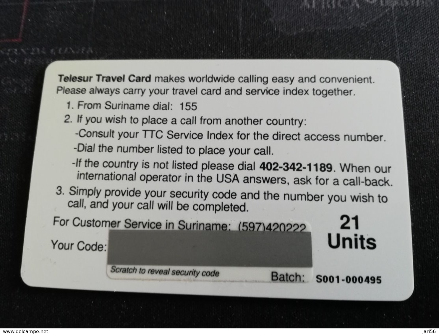 SURINAME  TELESUR TRAVEL CARD  21 Units Thick Card Mint / (RRR)  1e Issue  PREPAID CARD           ** 1404** - Surinam