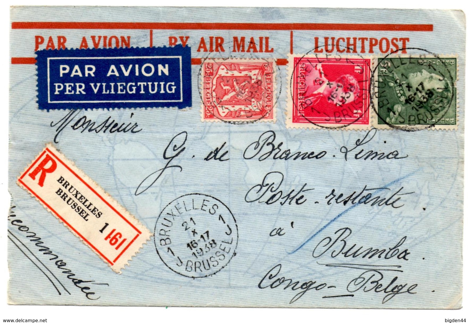 Lettre Recommandée Par Avion De Bruxelles (21.10.1938) Pour Bumba Congo Belge - 1929-1941 Grand Montenez