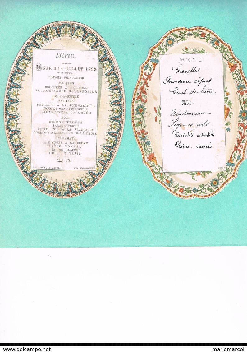 2 MENUS En Forme De Plat. Diner DU 4 JUILLET 1892. HOTEL DE FRANCE Pour Celui De Droite. - Menus