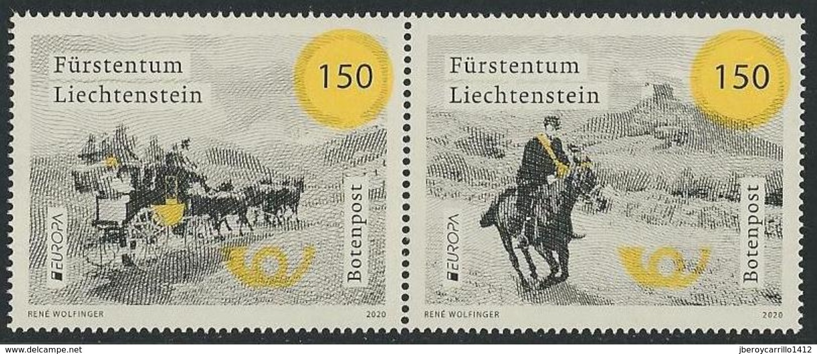 LIECHTENSTEIN  -EUROPA 2020-"ANTIGUAS RUTAS POSTALES - ANCIENT POSTAL ROUTES"- SERIE De 2 V. H-I - 2019