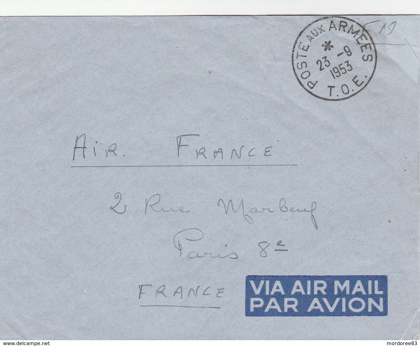 LETTRE FM POSTE AUX ARMEES 23/9/53 T.O.E POUR AIR FRANCE PARIS - Vietnamkrieg/Indochinakrieg