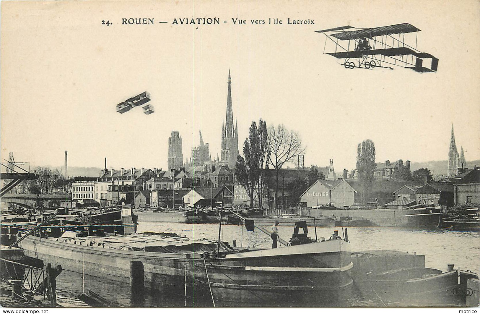 ROUEN - Aviation, Vue Vers L’île Lacroix., Péniches Et Avions. - Péniches