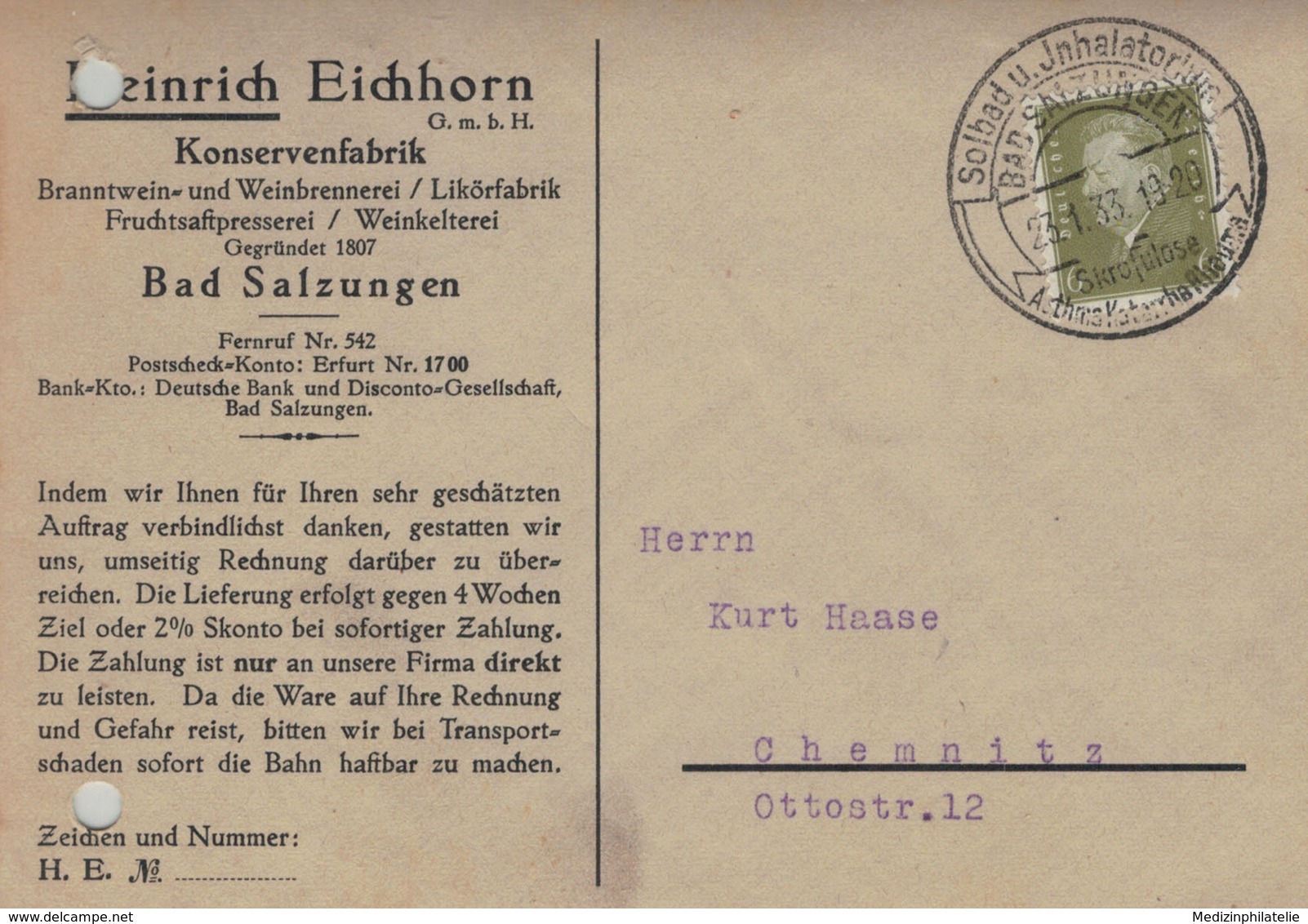 Ebert - Bad Salzungen Solbad Und Inhalatorium 1933 - Skrofulose Halsdrüsengeschwulst - Aktenlochung - Bäderwesen