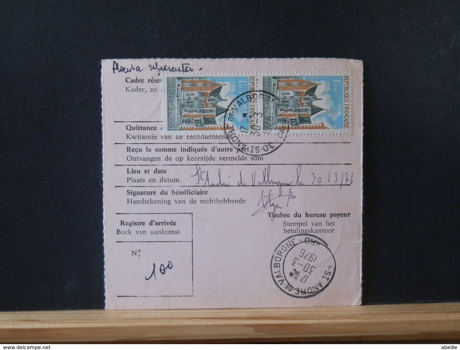 A12/211  DOC.  BELGE 1976 VIREMENT POUR LA FRANCE - 1970-1980 Elström