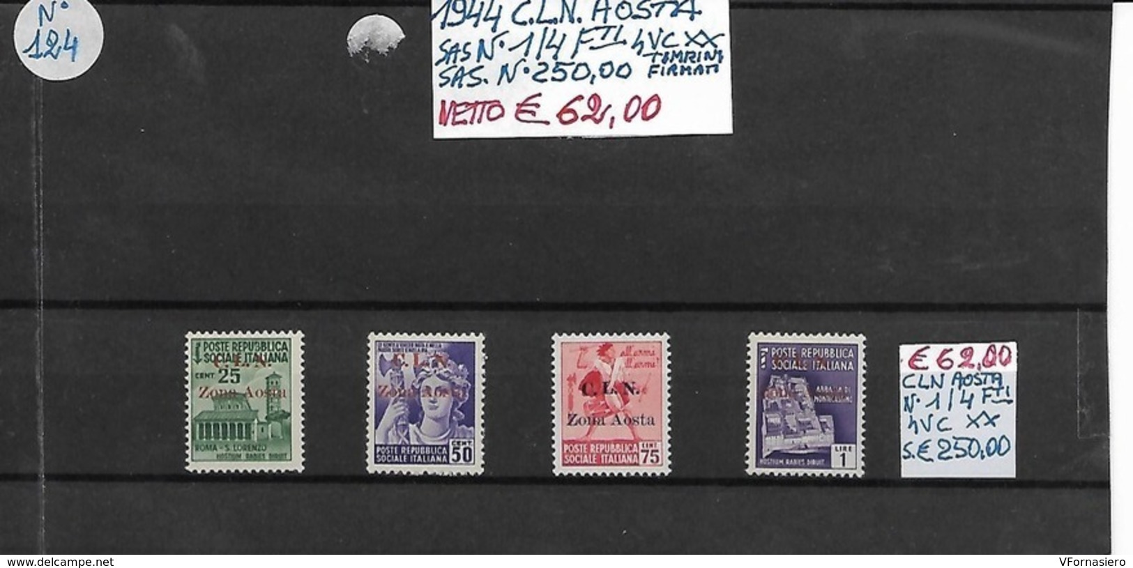 ITALIA **1944 CLN AOSTA, 4 VALORI COMPLETI  Con TIMBRINI FIRMATI Sul RETRO - Centraal Comité Van Het Nationaal Verzet (CLN)