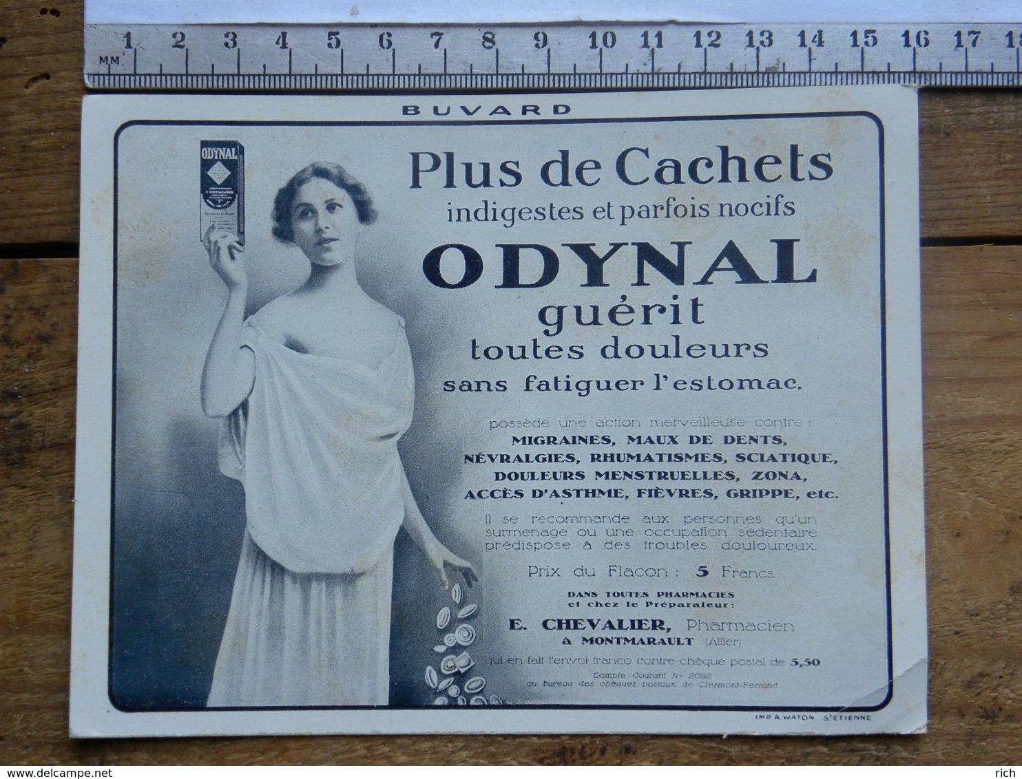 Publicité - Buvard ODYNAL - Pharmacie, Préparateur Chevalier Montmarault (Allier)  - Guérit Toutes Douleurs - O