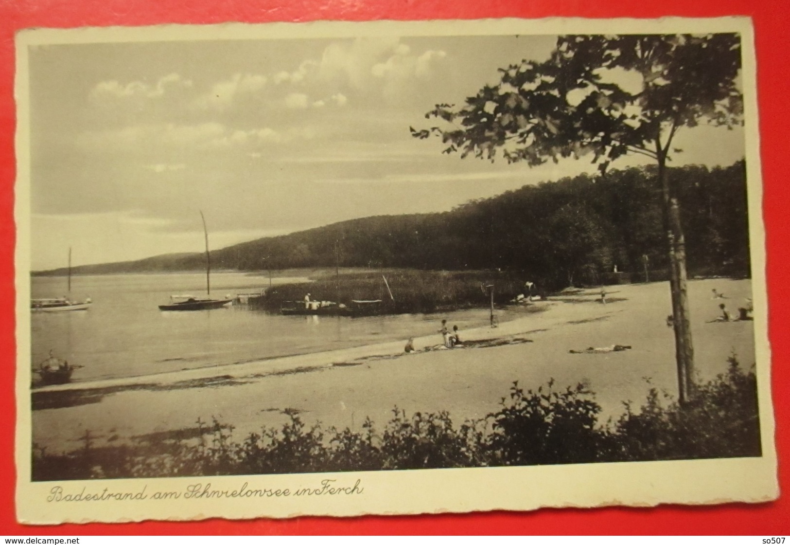 I2- Germany Vintage Postcard-Badestrand Am Schwielowsee In Ferch, Boat, People On Beach - Schwielowsee