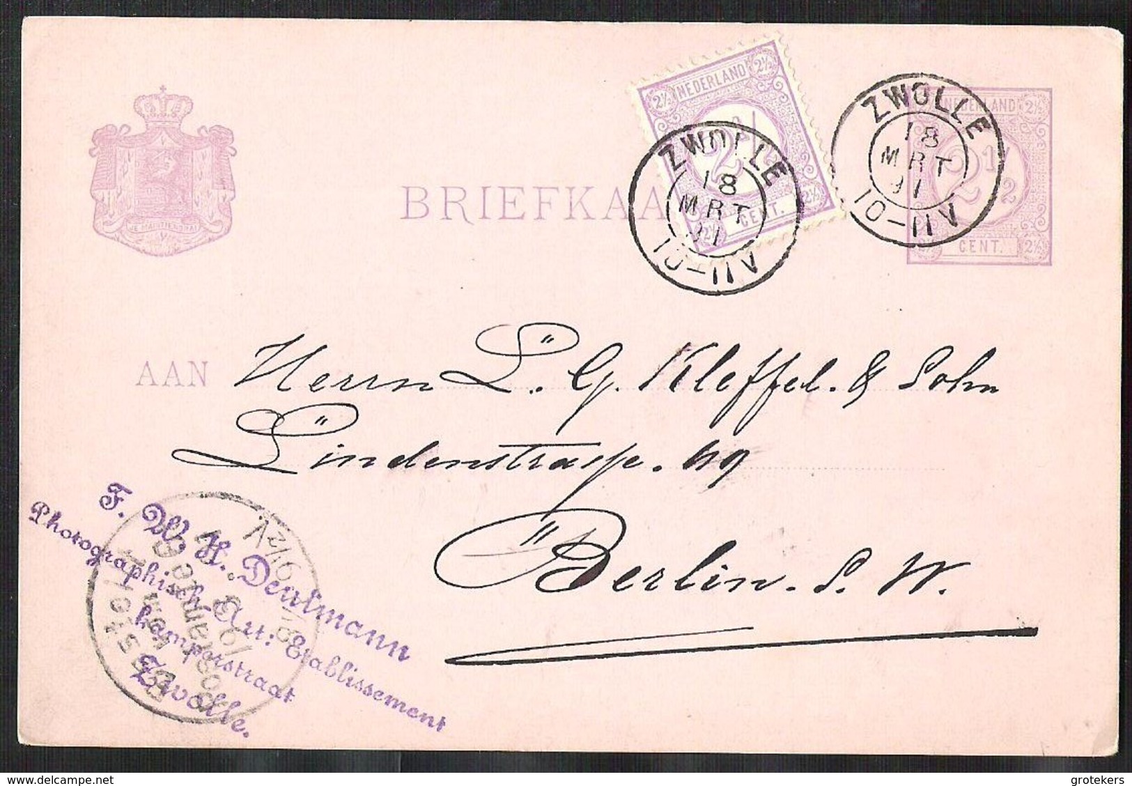 NEDERLAND Briefkaart G 23 Naar Berlin (D) Met Bijfrankering 1891 , Kleinrondstempel Zwolle - Ganzsachen