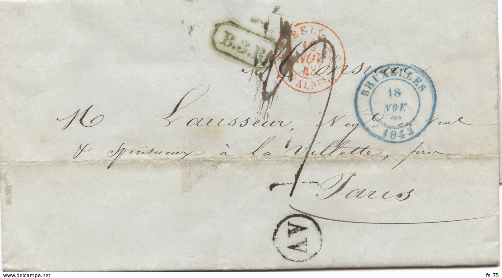 BELGIQUE - CAD BRUXELLES + BOITE AV SUR LETTRE AVEC CORRESPONDANCE DE BRUXELLES POUR LA FRANCE, 1843 - 1830-1849 (Belgique Indépendante)