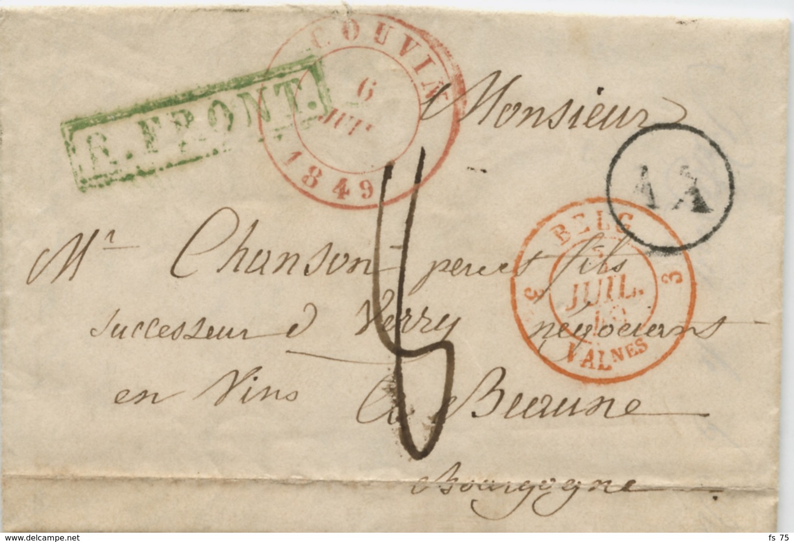 BELGIQUE - CAD COUVIN + BOITE AX SUR LETTRE AVEC CORRESPONDANCE DE PETIGNY POUR LA FRANCE, 1849 - 1830-1849 (Belgio Indipendente)