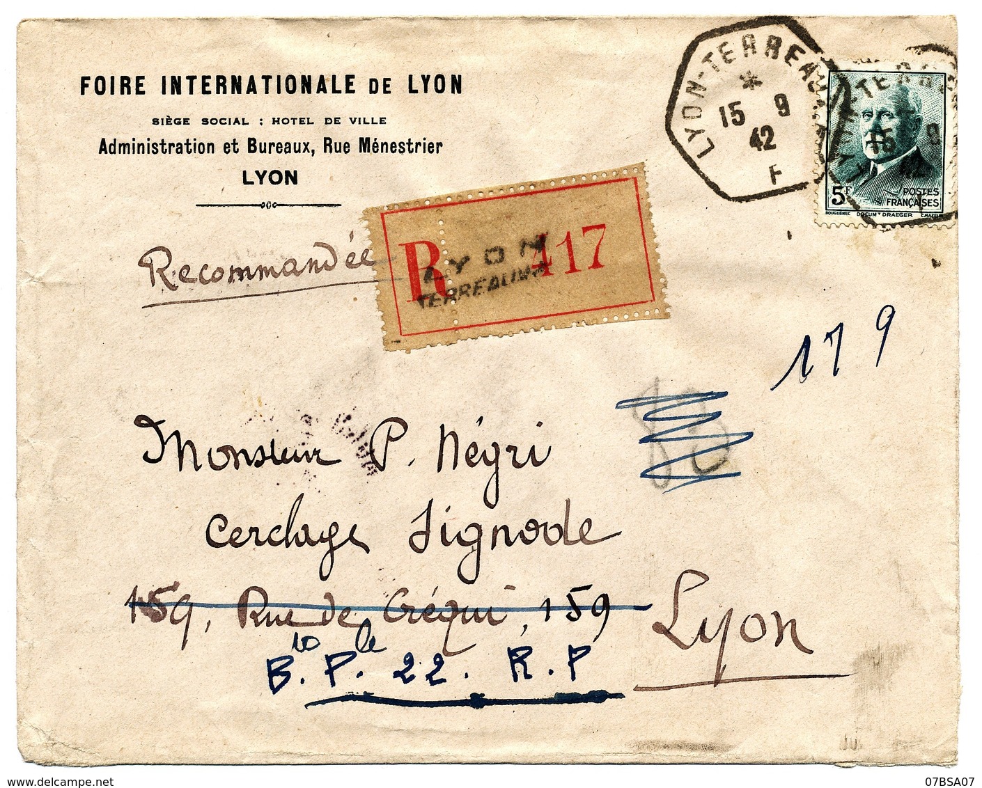 ENV ENTETE FOIRE INTERNATIONALE 5F PETAIN SEUL SUR LETTRE RECOMMANDEE RAU LYON TERREAUX F 1942 - 1921-1960: Periodo Moderno